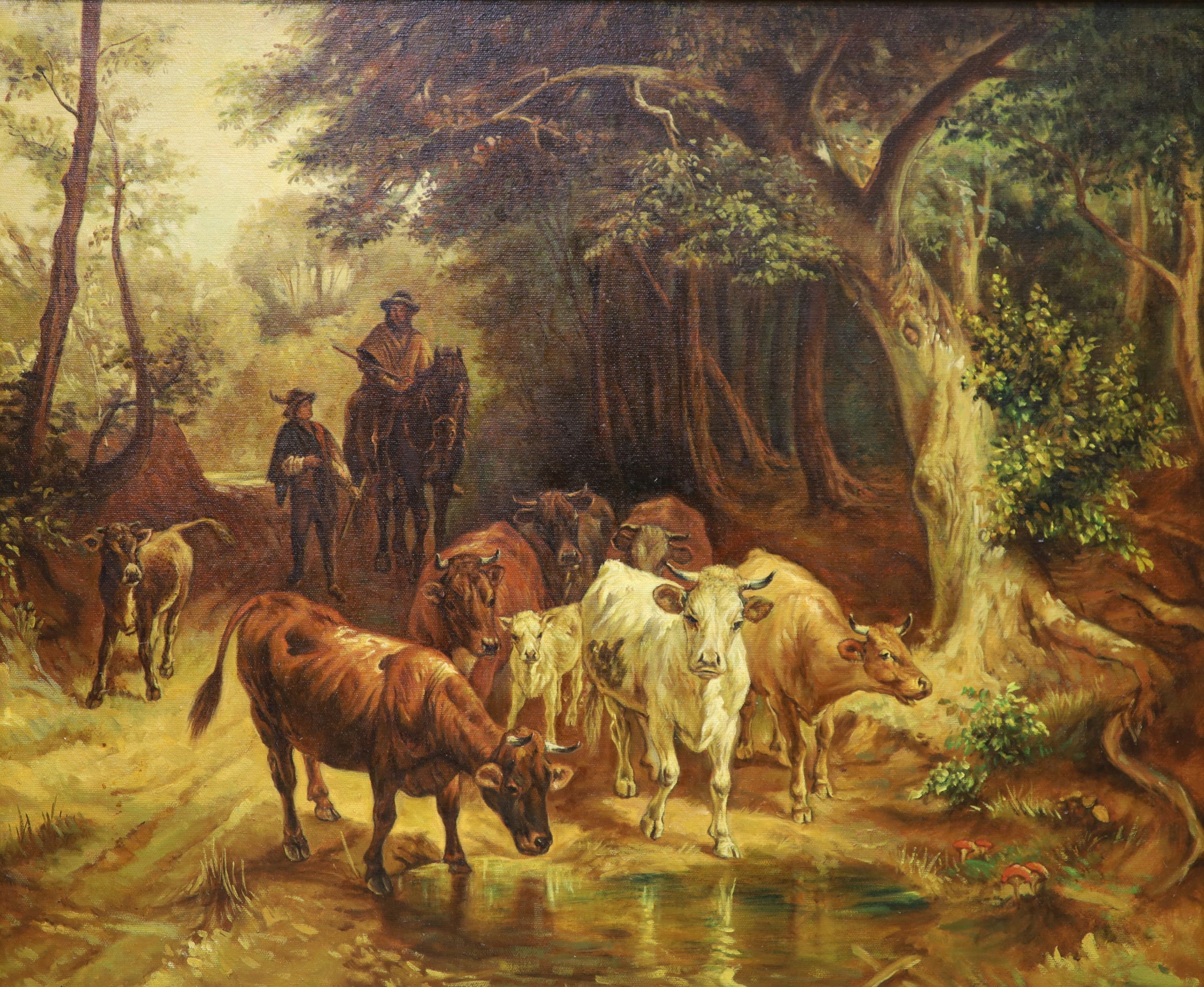 Campbell - (20th century British school), oil on canvas, Figures driving cattle on a wooded track, bears signature, 50 x 60cm. And another similar oil signed Redfern.